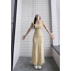 批发大量货，四面弹印花连衣裙夏新款黄色小飞袖收腰显瘦气质吊带长裙