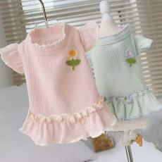 批发小花贴布花边华夫格飞袖裙子 宠物狗狗泰迪约克夏比熊春夏秋衣服