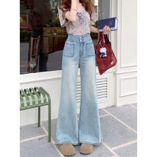 批发实拍实价#高腰直筒牛仔长裤女两粒扣设计感宽松阔腿微喇裤子