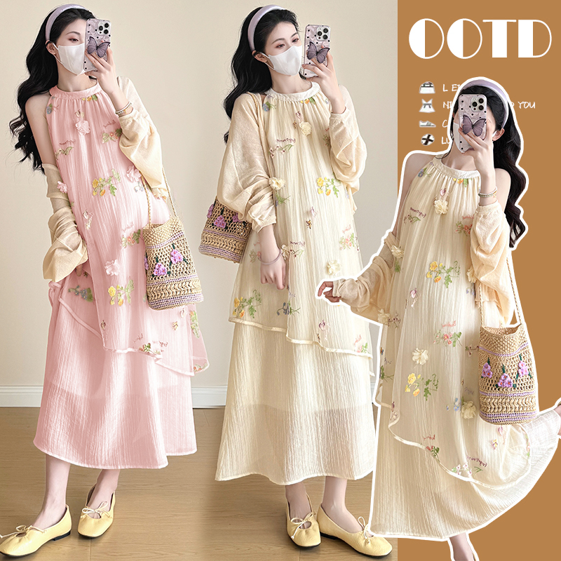 실사 지금 출산 착용 2026 이른 봄 달콤함 품격 슬립 롱 코트 3 차원 꽃 임산부 드레스 투피스 세트