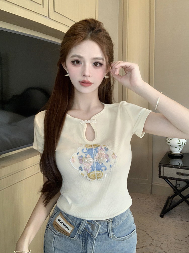 MY1698# 国风复古绣花盘扣短袖t恤女春季新款设计感修身打底短款上衣女裝貨源服裝批發