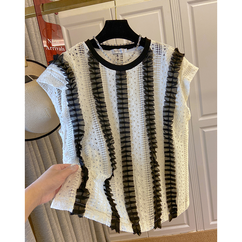 FA16243# 设计感独特蕾丝镂空垫肩无袖T恤上衣女体恤轻薄气质 服裝批發女裝批發服飾貨源