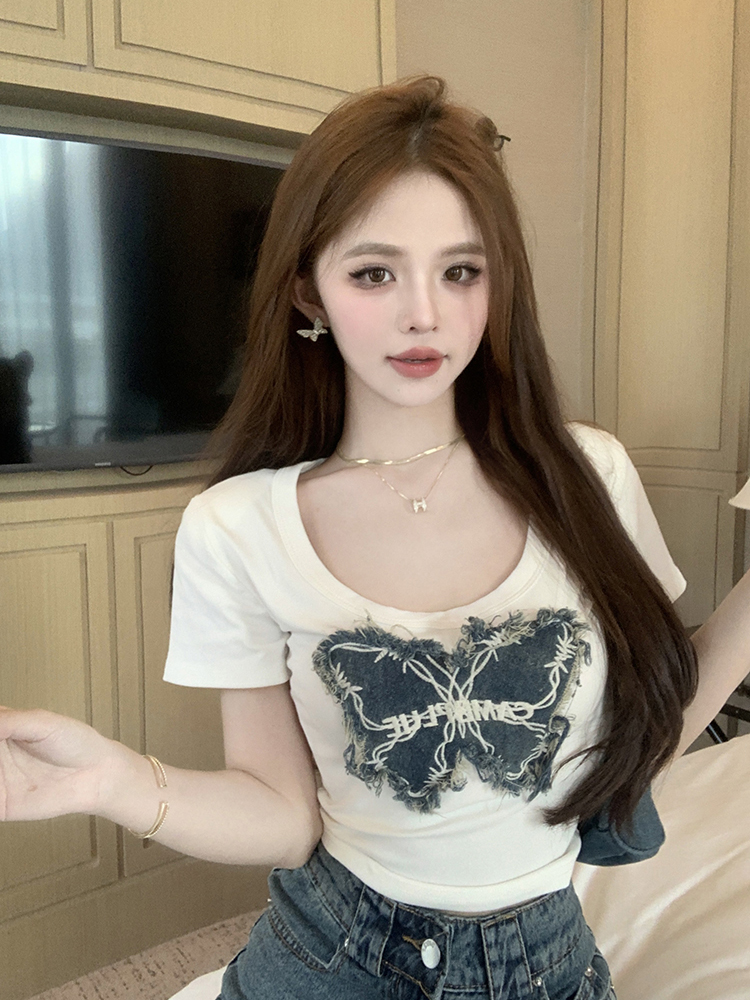 MY1697# 短袖女夏季新款修身显瘦短款牛仔蝴蝶拼接纯棉t恤上衣女裝貨源服裝批發