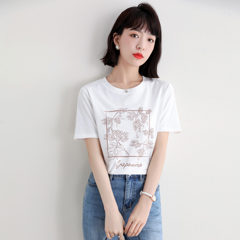 실사 い 포도 프린트 화이트 반팔 티셔츠 여성 여름 새로운 루즈핏 ins 트렌디 순면 txa382709mg