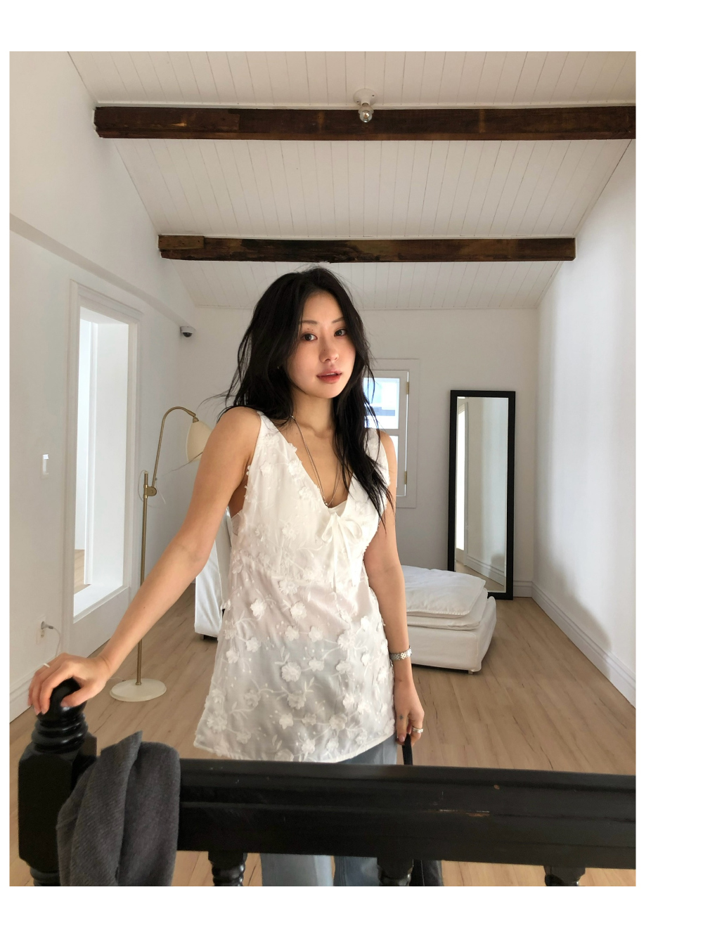 한국 ins 무거운 작업 3 차원 꽃 레이스 V넥 슬립 맨위