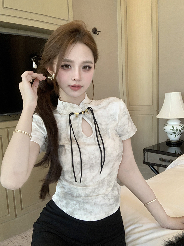 MY1695# 短袖纯棉新中式国风短袖上衣t恤女夏季新款设计感修身短款女裝貨源服裝批發