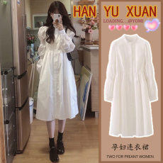 批发春秋新品孕妇装 纯白清纯 设计感 A字衬衫娃娃<b class='q'>连衣裙</b> 有内衬