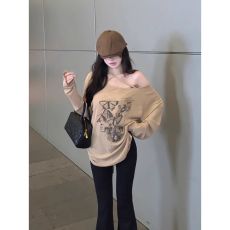 批发已出货 原版秋季新款韩版女装设计感小众蝴蝶印花长袖T恤一字肩