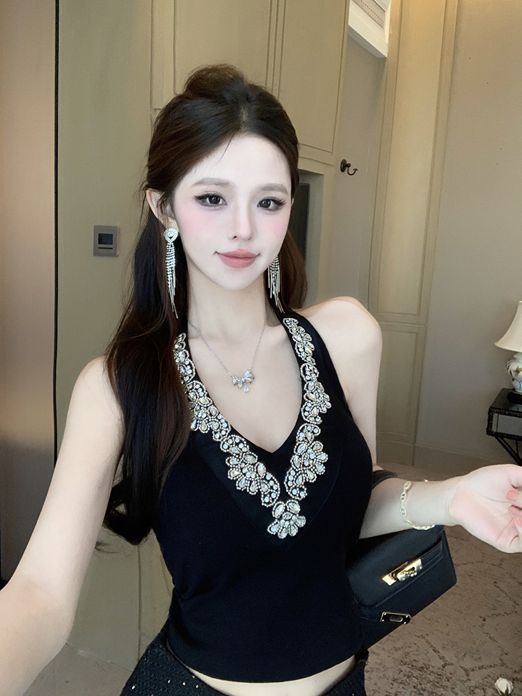 MY1694# 纯欲重工水钻蕾丝拼接背心吊带V领修身内搭上衣辣妹上衣女裝貨源服裝批發
