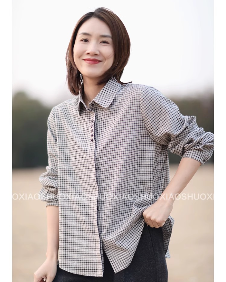 2026 봄 가을 새로운 문예 레트로 체크무늬 긴팔 셔츠 다용도 셔츠 여성