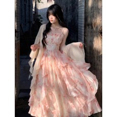 批发2026夏季新款伊甸油画晕染印花收腰荷叶边<b class='q'>吊带</b>裙韩版气质连衣裙子