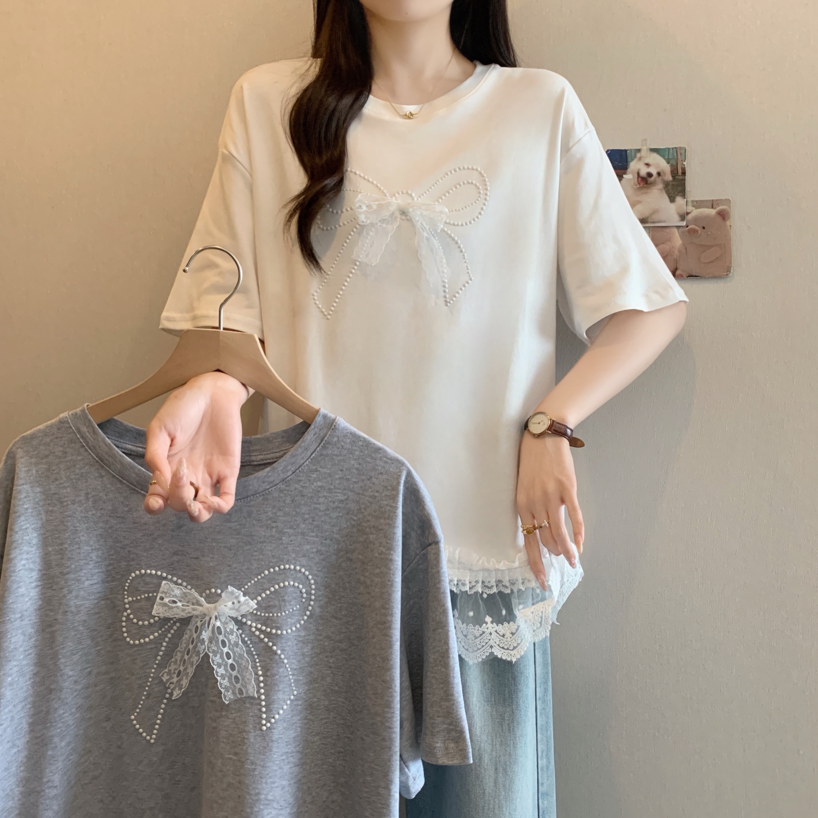 MY1742# 大码女装夏季新款蕾丝边拼接短袖T恤别致蝴蝶结宽松减龄上衣女裝貨源服裝批發