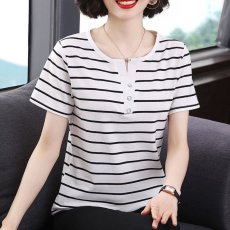 批发纯棉夏季设计感V领条纹修身显瘦短袖新款日常简约百搭<b class='q'>时尚</b>薄款T恤