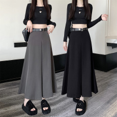 批发实拍大码女装春季半身裙大摆褶皱遮胯西装长裙高腰中长款A字裙子