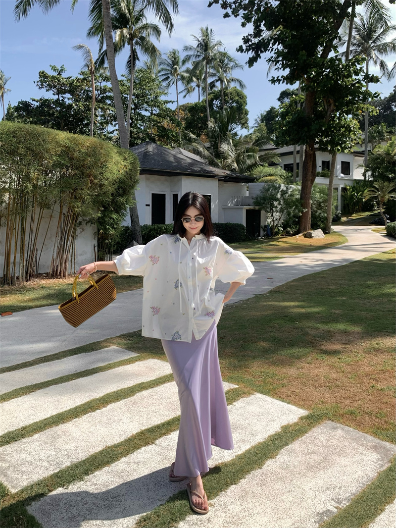 프릴 스트랩 작은 스탠드 칼라 자수 여성 셔츠 여름 새로운 루즈핏 거품 소매 맨위 실사 정가