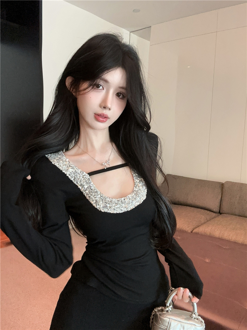 MY2762#亮片拼接性感露背长袖T恤早春修身内搭辣妹黑色打底上衣女裝貨源服裝批發
