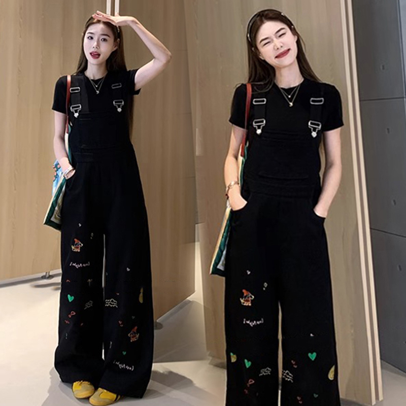 출산 착용 이른 봄 새로운 세트 와이드 레그 팬츠 루즈핏 연령 감소 멜빵 바지 반팔 세트