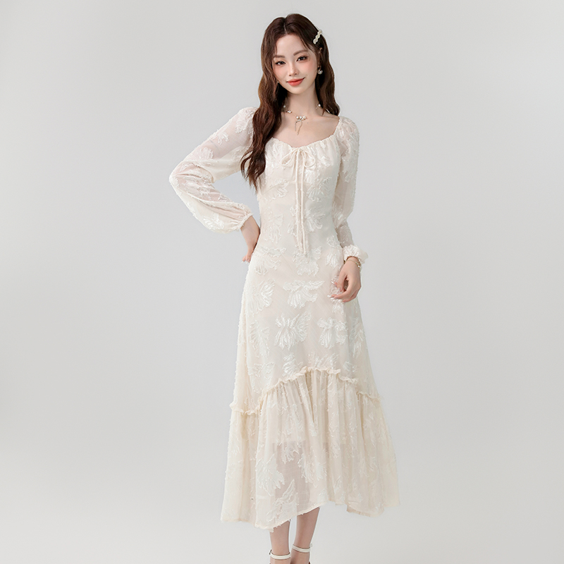 MY3889#新款法式优雅方领蝴蝶结植绒花朵显瘦荷叶摆连衣裙女裝貨源服裝批發