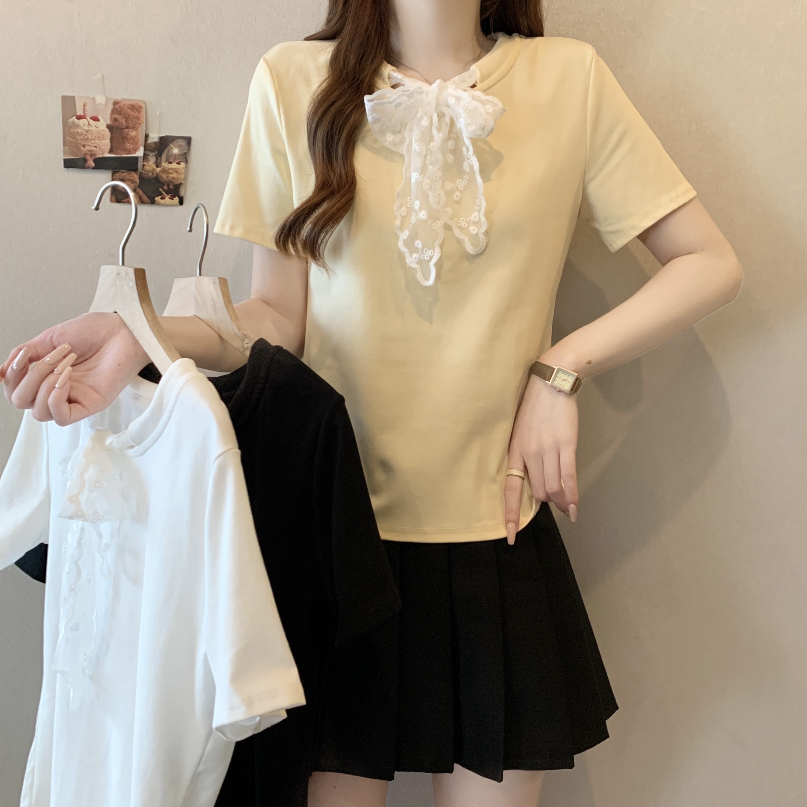 MY1734# 减龄洋气法式蕾丝蝴蝶结系带短袖T恤夏新款大码女装遮肉显瘦上衣女裝貨源服裝批發