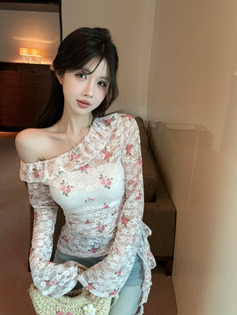 실사 정가 2026 프릴 프린트 레이스 오프숄더 비스듬한 어깨 핫걸 로드 중 벨트 포장 가슴 투피스 세트