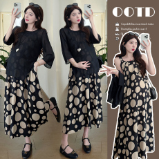 批发实拍孕妇夏季新款吊带A字裙波点长裙外搭七分袖上衣两件套