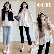 批发实拍新款2025孕妇装春装宽松上衣拼接设计感假两件衬衫百搭娃娃衫