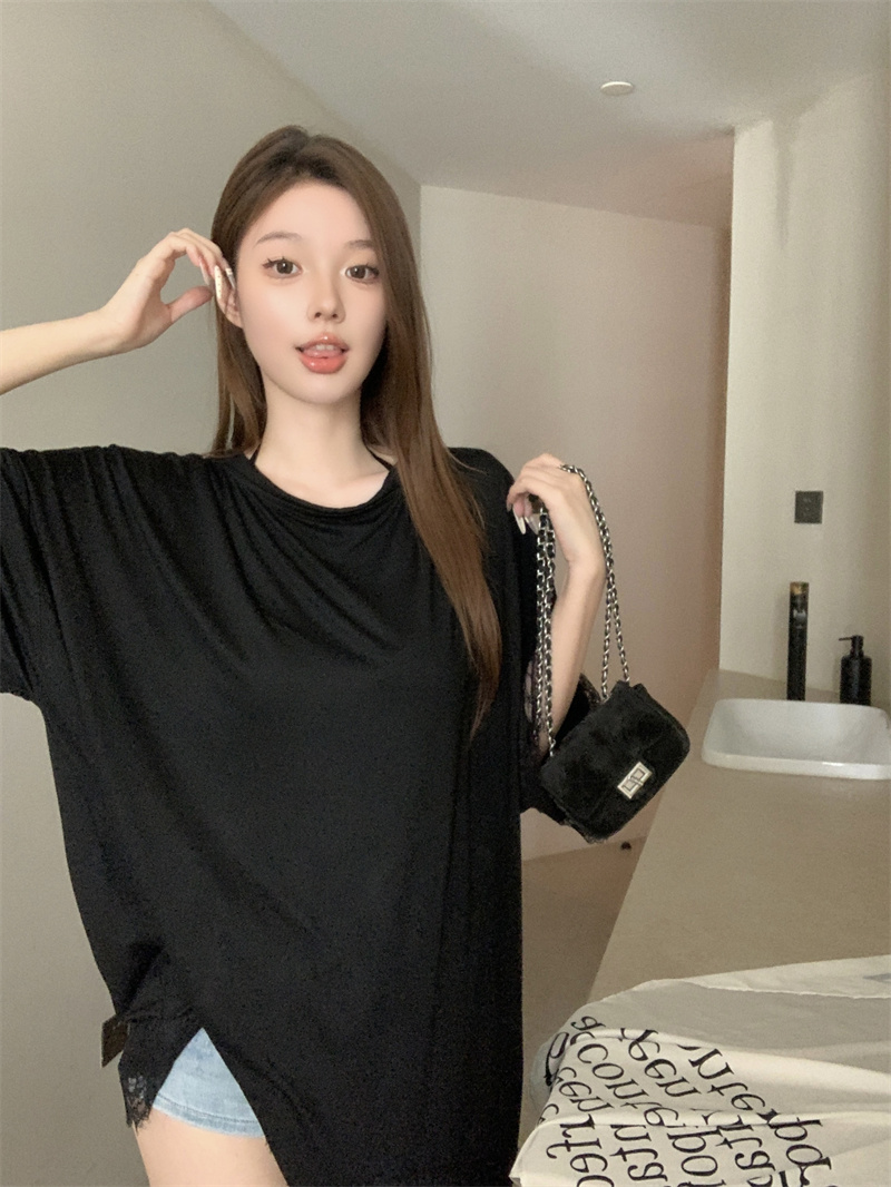 실사 정가 여름 새로운 얇은 스타일 루즈핏 에디션 레이스 조각 티셔츠 맨위 여성