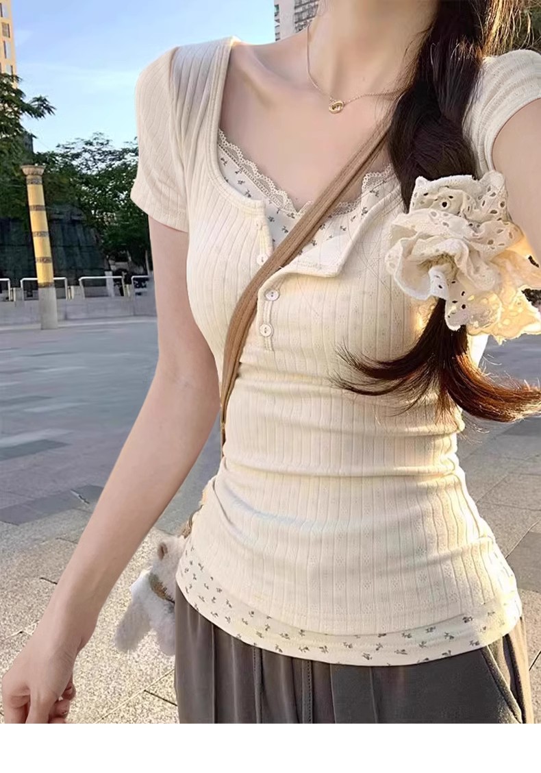 MY1716# 设计感假两件碎花拼接长袖T恤女修身减龄打底衫内搭上衣女裝貨源服裝批發