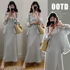 批发实拍 2025新款孕妇装 秋装 吊带长裙衬衫套装胖MM