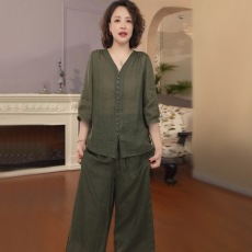 批发天丝麻<b class='q'>套装</b>2026新款夏季休闲韩版中年<b class='q'>妈妈</b>上衣领显阔腿裤两件套