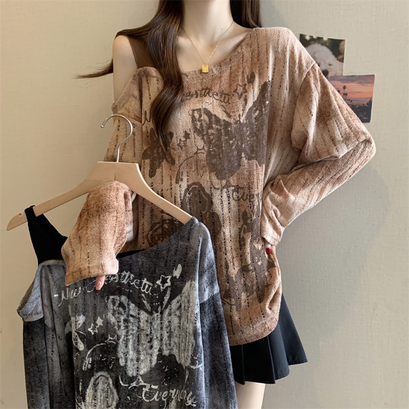 MY1726# 大码漏肩欧美辣妹宽松罩衫上衣女春夏破洞斜肩长袖t恤女裝貨源服裝批發