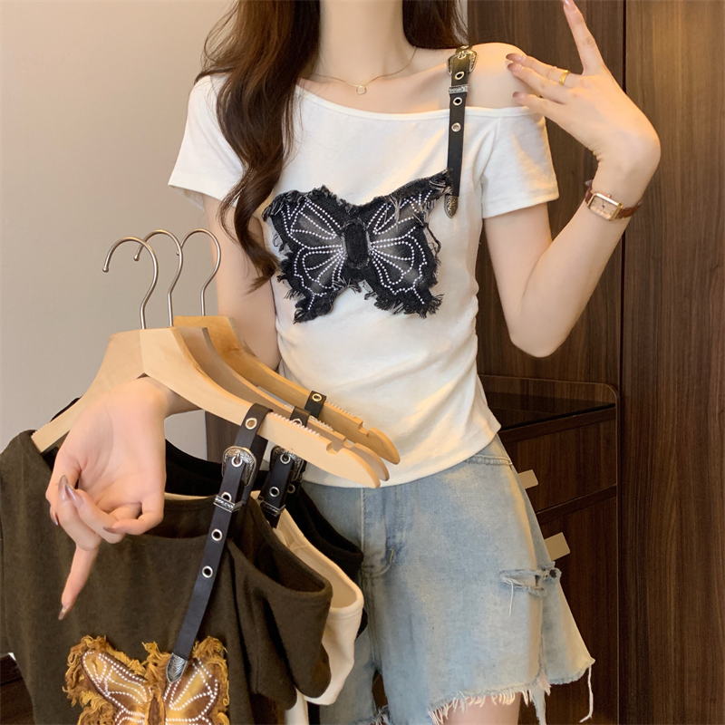 FA12399# 美式复古甜辣蝴蝶短袖T恤修身显瘦上衣 服裝批發女裝批發服飾貨源