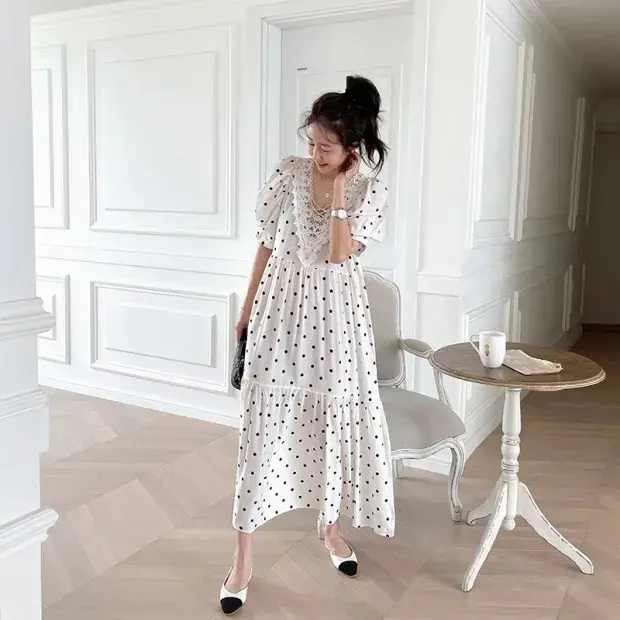 프렌치 레이스 V넥 폴카닷 원피스 상세 이미지 2