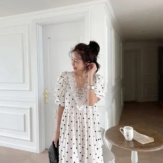 프렌치 레이스 V넥 폴카닷 원피스 상세 이미지 7