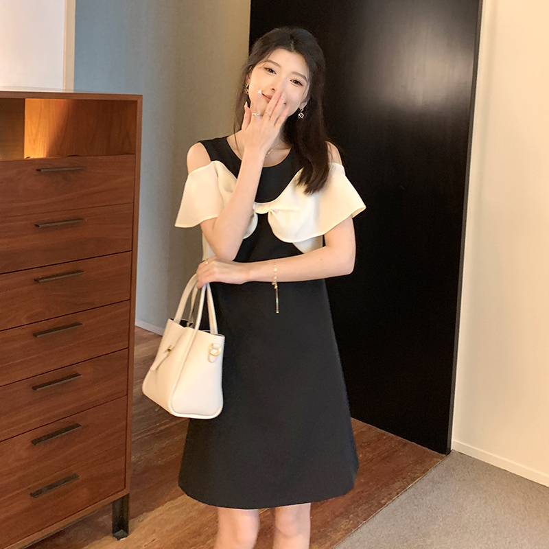 FA12386# 花菜微胖mm蝴蝶结气质露肩夏季大码女装裙子遮肚子显瘦连衣裙 服裝批發女裝批發服飾貨源