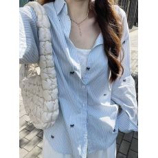 批发蝴蝶结刺绣蓝色条纹衬衫女<b class='q'>春</b>秋夏季新款宽松长袖防晒上衣休闲外套