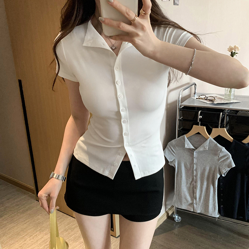실제 촬영 그림 뜨거운 소녀 고급 틈새 시장 아니요 명중 섹션 긍정적 인 어깨 슬림 피트 짧은 소매 카디건 티셔츠 여자 여름 2025 새로운 맨위