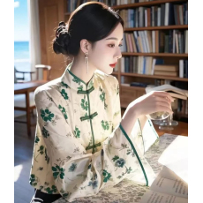批发有货 2026春秋季新款新中式国风盘扣上衣女长袖绿色碎花衬衫