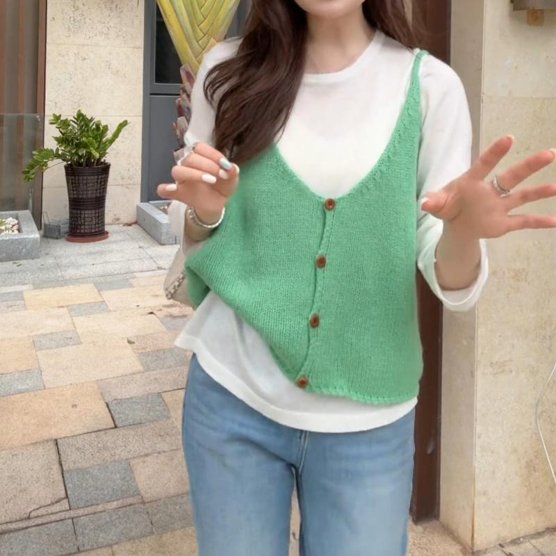 고급 센스 V넥 단추 슬립 스웨터 조끼 조끼 여자 봄 스택 착용 외부 가져 가라. 니트 작은 어깨 조끼 봄