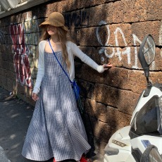 批发微胖韩国chic夏复古气质收腰显瘦格子吊带连衣裙海边度假脚踝<b class='q'>长裙</b>