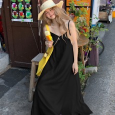 大码法式气质初恋温柔风A字吊带裙赫本风显瘦遮肉脚踝长裙度假风