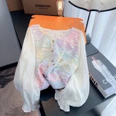 批发实拍 <b class='q'>甜美</b>渐变色刺绣衬衫女春夏新款小众宽松短款泡泡袖上衣