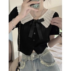 批发天猫抖音质量娃娃领镂空短袖针织开衫夏季翻领<b class='q'>短款</b>学院风气质上衣