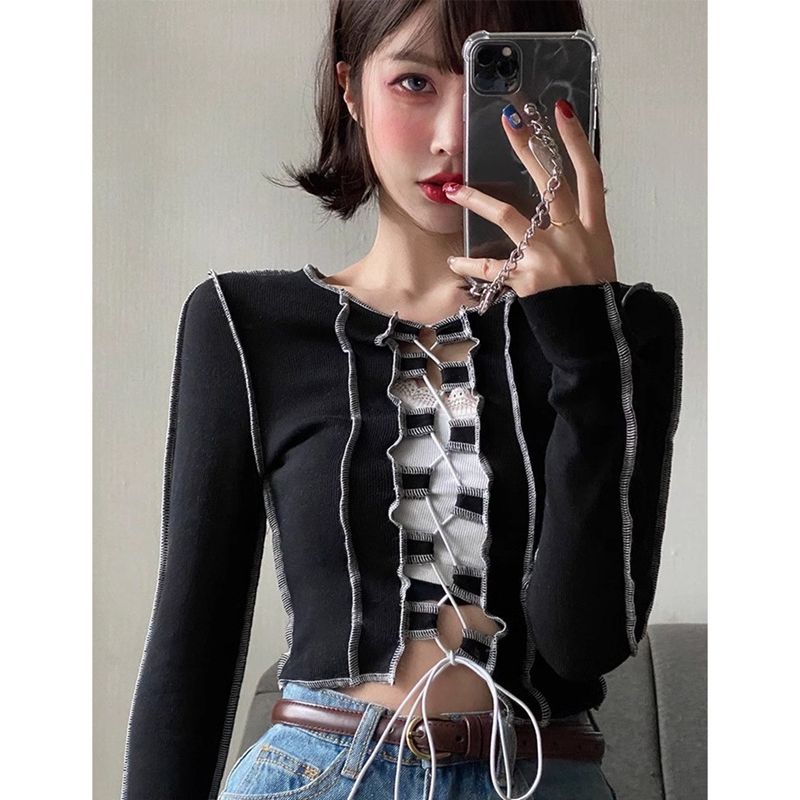 대외 무역 원본 가을 새로운 한국 스타일 긍정적 인 어깨 티셔츠 여성 아메리칸 레트로 디자인 센스 스트랩 긴팔 맨위