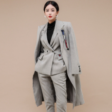 批发2025韩版修身职业女装西装领长袖西装长外套+女裤西装三件套装