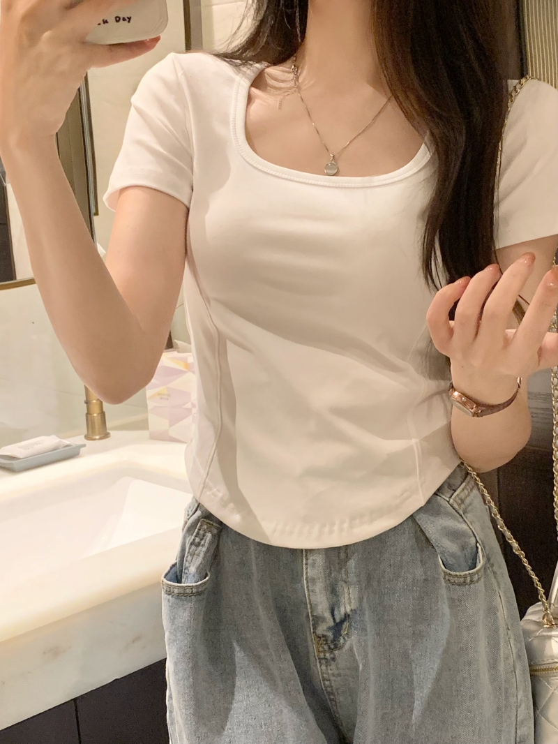 MY2406# 夏季韩版纯棉设计感方领骨线打底衫女新款纯色短袖T恤女女裝貨源服裝批發