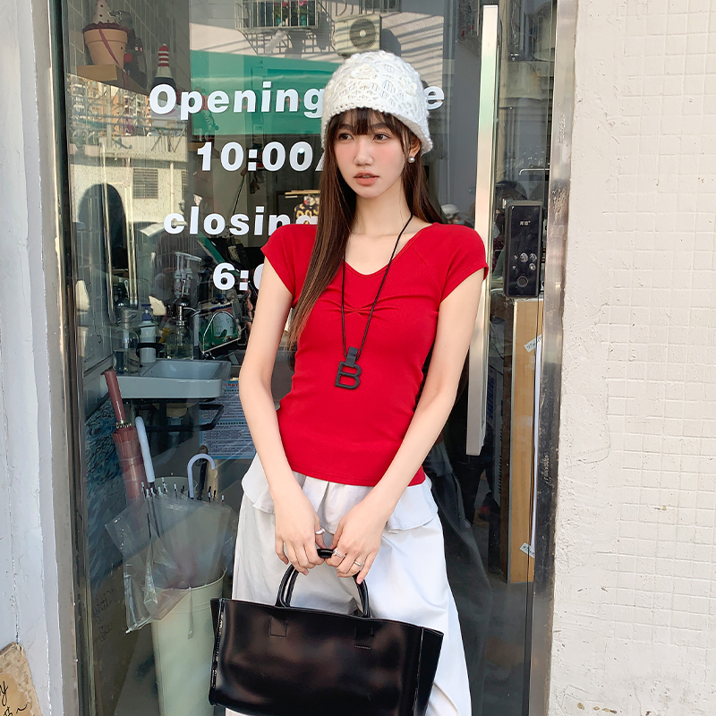 MY2561# v领短袖t恤女夏季新款设计感小众修身紧身体恤上衣女裝貨源服裝批發