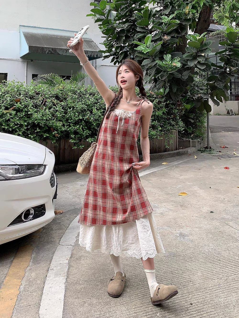 FA25681# 小清新假两件格纹蕾丝吊带连衣裙女夏季宽松显瘦长裙女 服裝批發女裝批發服飾貨源 服裝批發女裝批發服飾貨源
