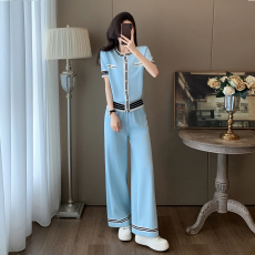 批发小香风高端休闲运动套装夏季新款洋气减龄冰丝针织阔腿裤两件套