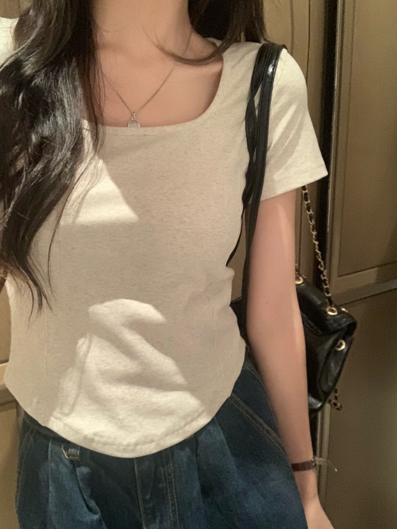 RY341# 实拍  夏季韩版纯棉设计感方领骨线打底衫女新款纯色短袖T恤女